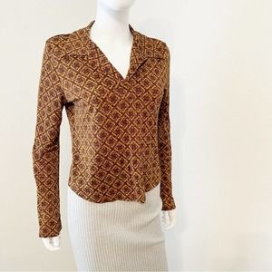 VINTAGE 1970's Sans Souci Disco Brown Gold Shimmer Collared Bell Sleeve Top, L